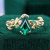 Kite Cut Lab Emerald Engagement Ring Nature Inspired Leaf Ring (3)