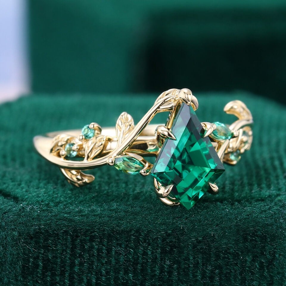 Kite Cut Lab Emerald Engagement Ring Nature Inspired Leaf Ring (4)