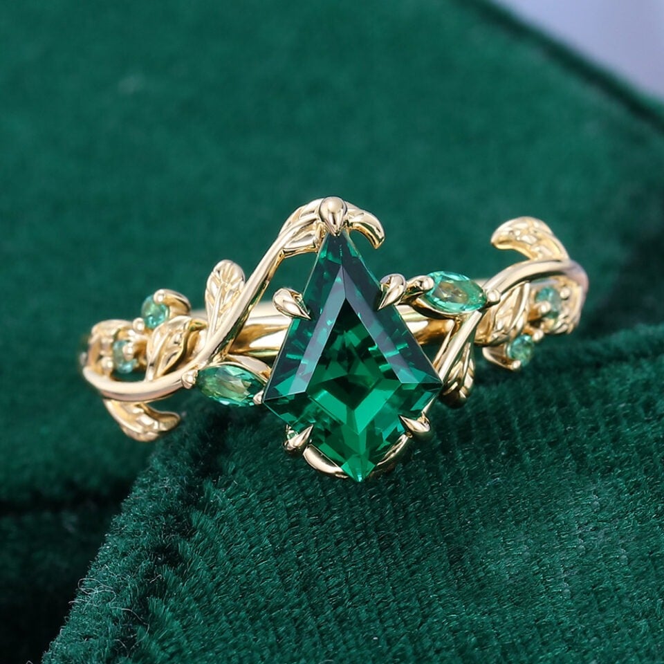 Kite Cut Lab Emerald Engagement Ring Nature Inspired Leaf Ring (5)