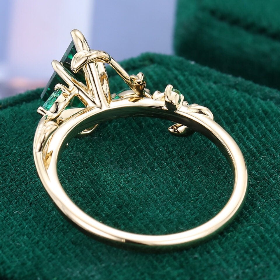 Kite Cut Lab Emerald Engagement Ring Nature Inspired Leaf Ring (6)