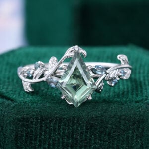 Nature Inspired Kite Cut Green Sapphire Engagement Ring with Alexandrite Accents