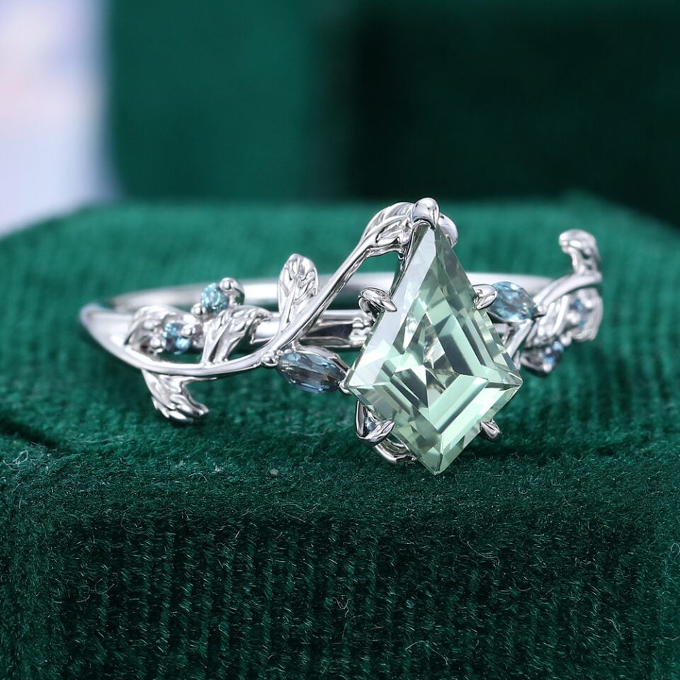 Kite Cut Lab Green Sapphire Nature Inspired Engagement Ring (2)
