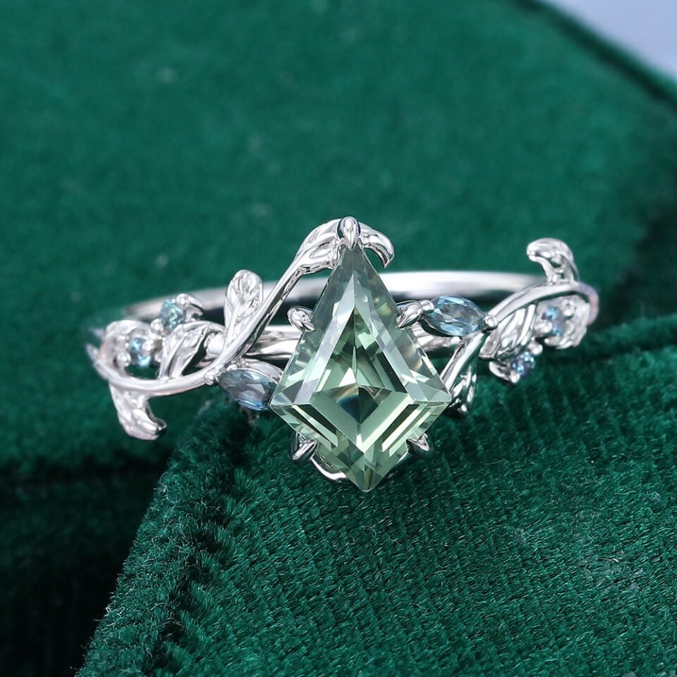 Kite Cut Lab Green Sapphire Nature Inspired Engagement Ring (3)