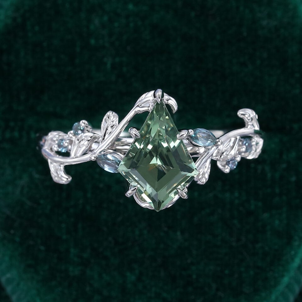 Kite Cut Lab Green Sapphire Nature Inspired Engagement Ring (5)