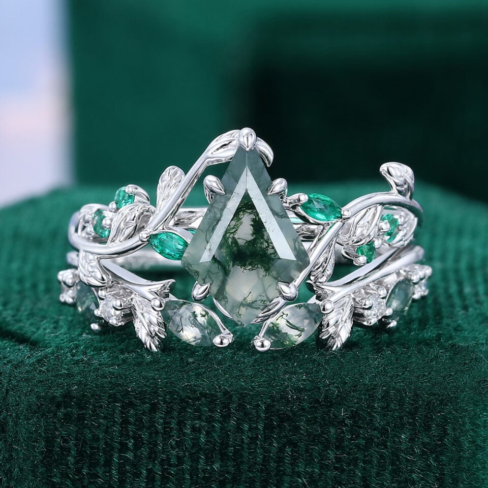 Kite Cut Moss Agate Bridal Ring Set White Gold Leaf Ring Set (1)
