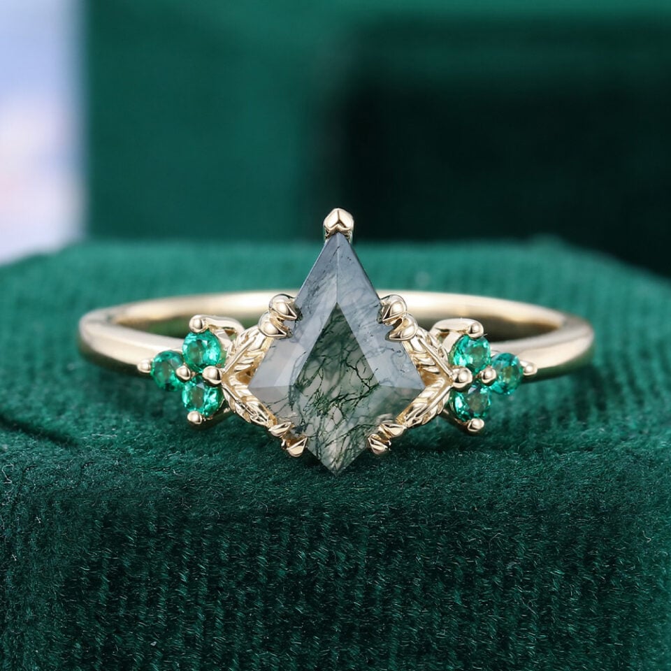 Kite Cut Moss Agate Nature Inspired Engagement Ring With Leaf Accents