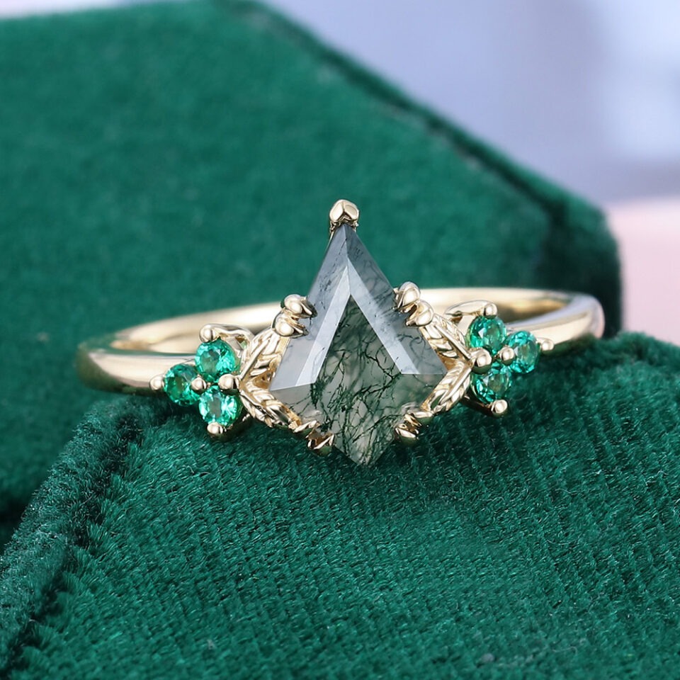 Kite Cut Moss Agate Egagement Ring Cluster Floral Vibe Promise Ring (3)
