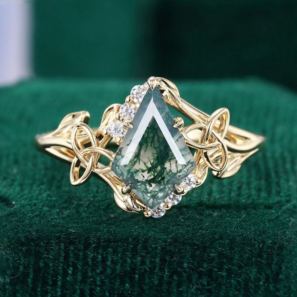 Kite Cut Moss Agate Engagement Ring Celtic Knot Leaf Ring