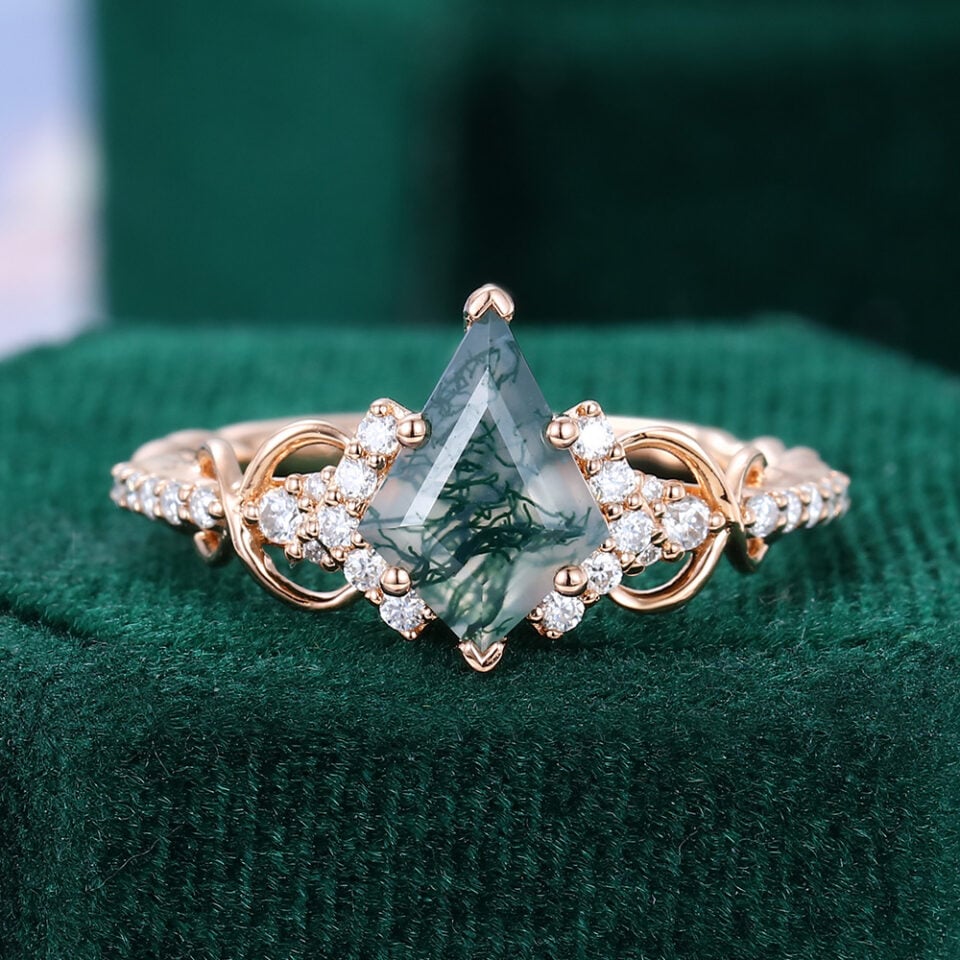 Kite Cut Moss Agate Infinity Pavé Engagement Ring With Twisted Band