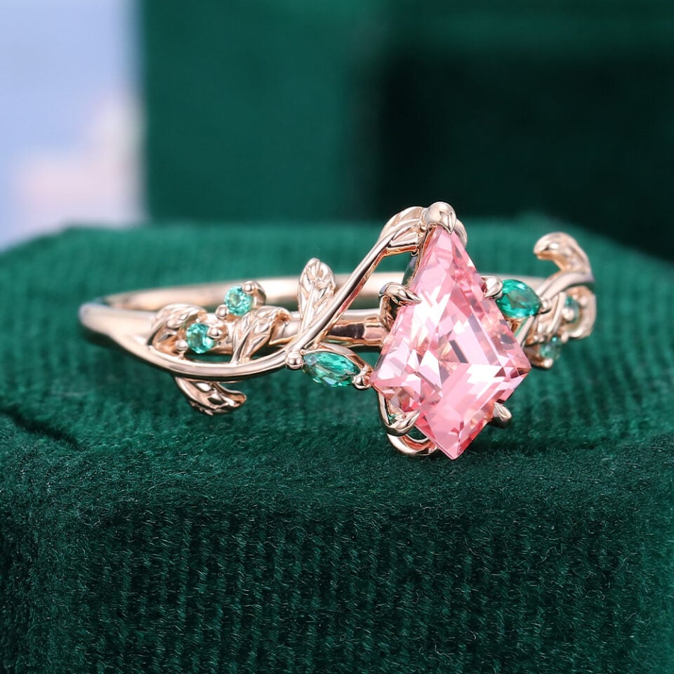 Kite Cut Pink Sappire Engagement Ring Nature Inspired Leaf Ring (1)