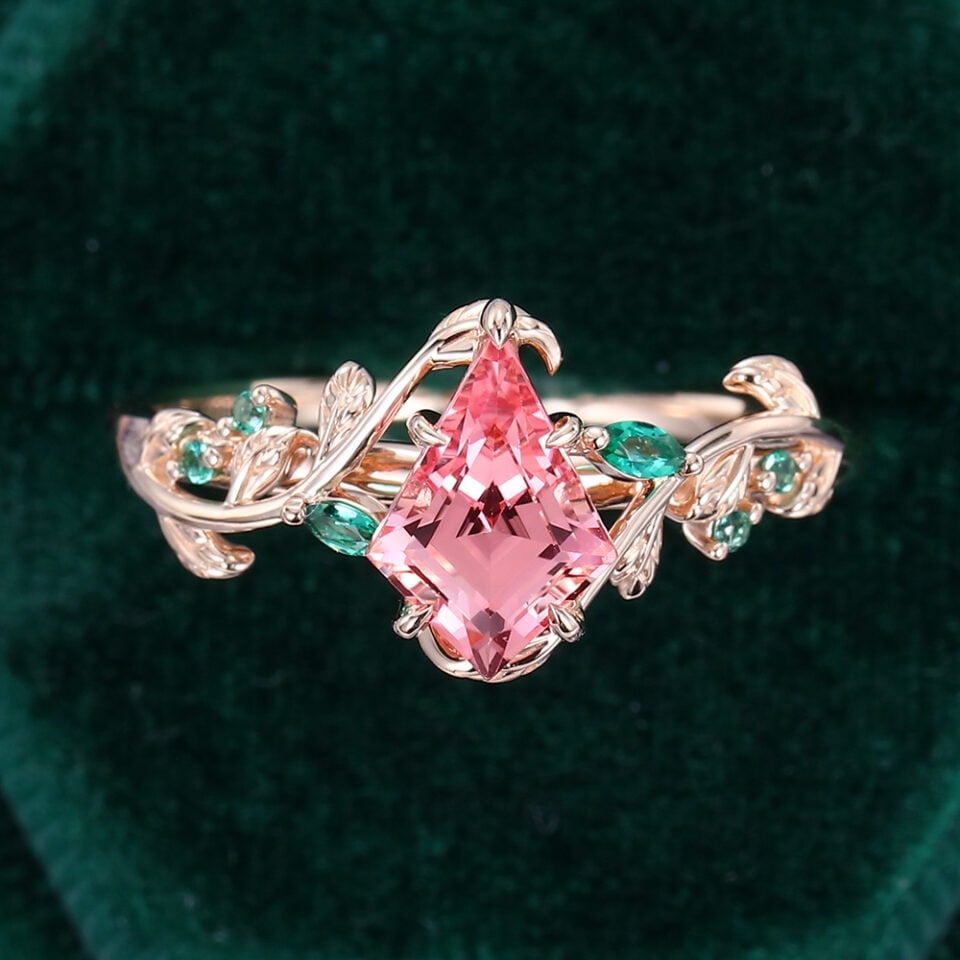 Kite Cut Pink Sappire Engagement Ring Nature Inspired Leaf Ring (4)