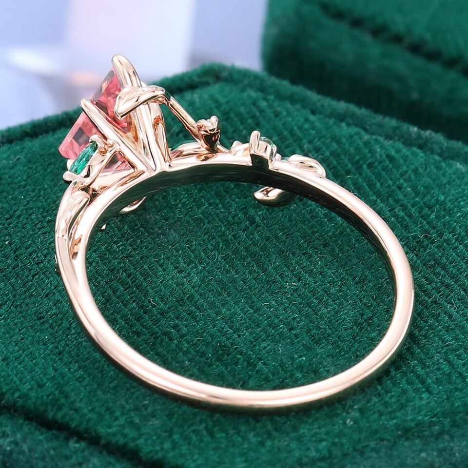 Kite Cut Pink Sappire Engagement Ring Nature Inspired Leaf Ring (6)