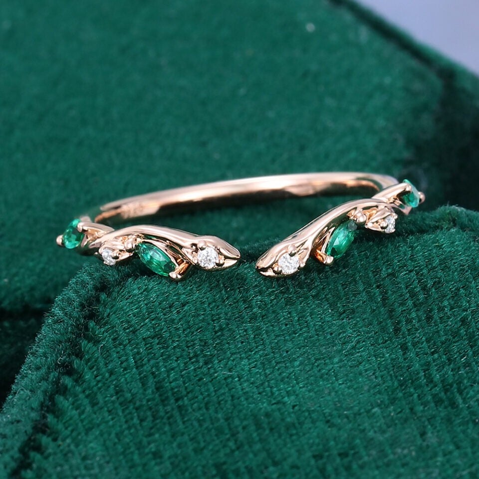 Lab Emerald & Moissanite Open Wedding Band Twisting Leaves Stacking Ring (1)