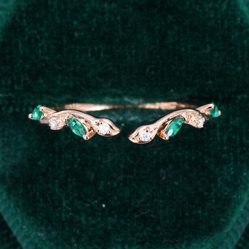 Lab Emerald & Moissanite Open Wedding Band Twisting Leaves Stacking Ring (2)