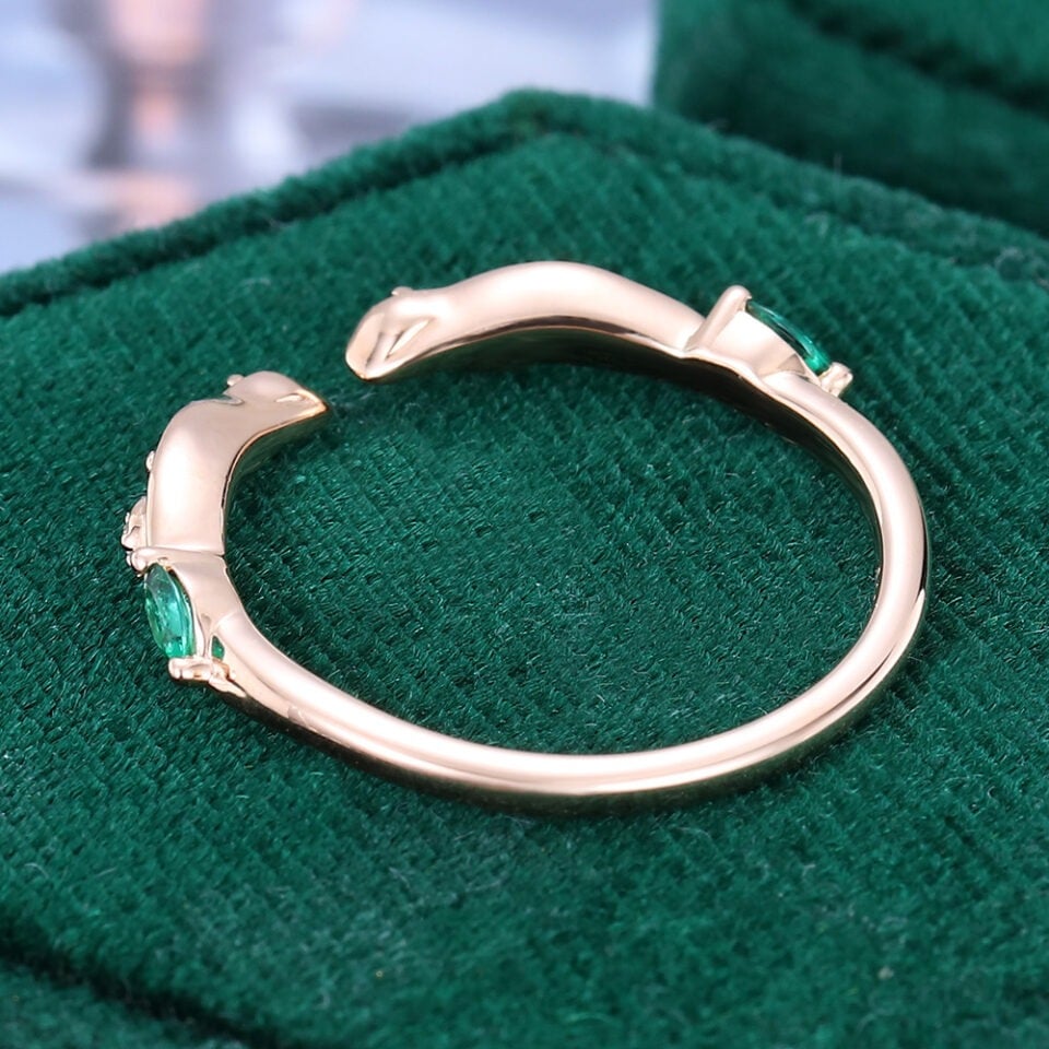 Lab Emerald & Moissanite Open Wedding Band Twisting Leaves Stacking Ring (3)