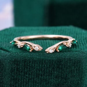 Lab Emerald & Moissanite Open Wedding Band Twisting Leaves Stacking Ring