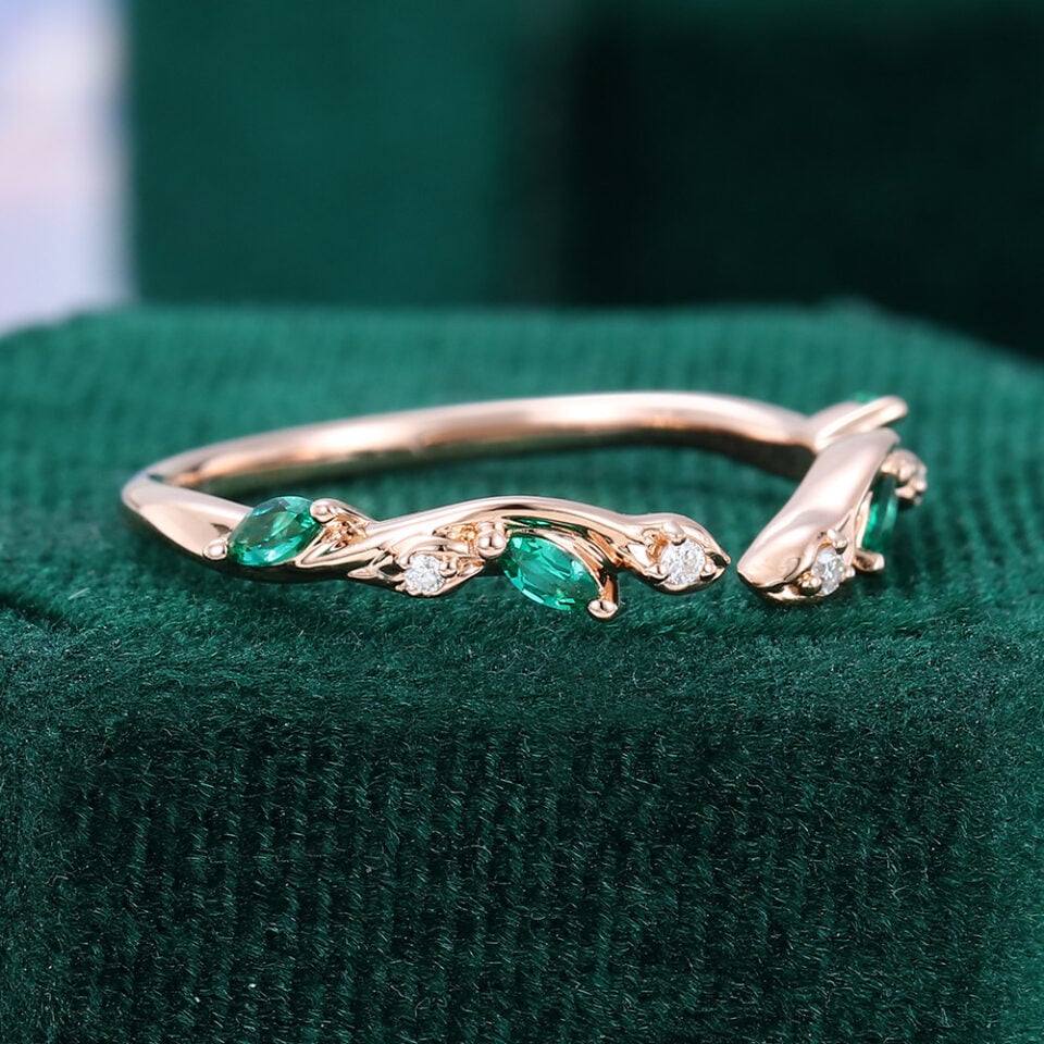 Lab Emerald & Moissanite Open Wedding Band Twisting Leaves Stacking Ring (6)