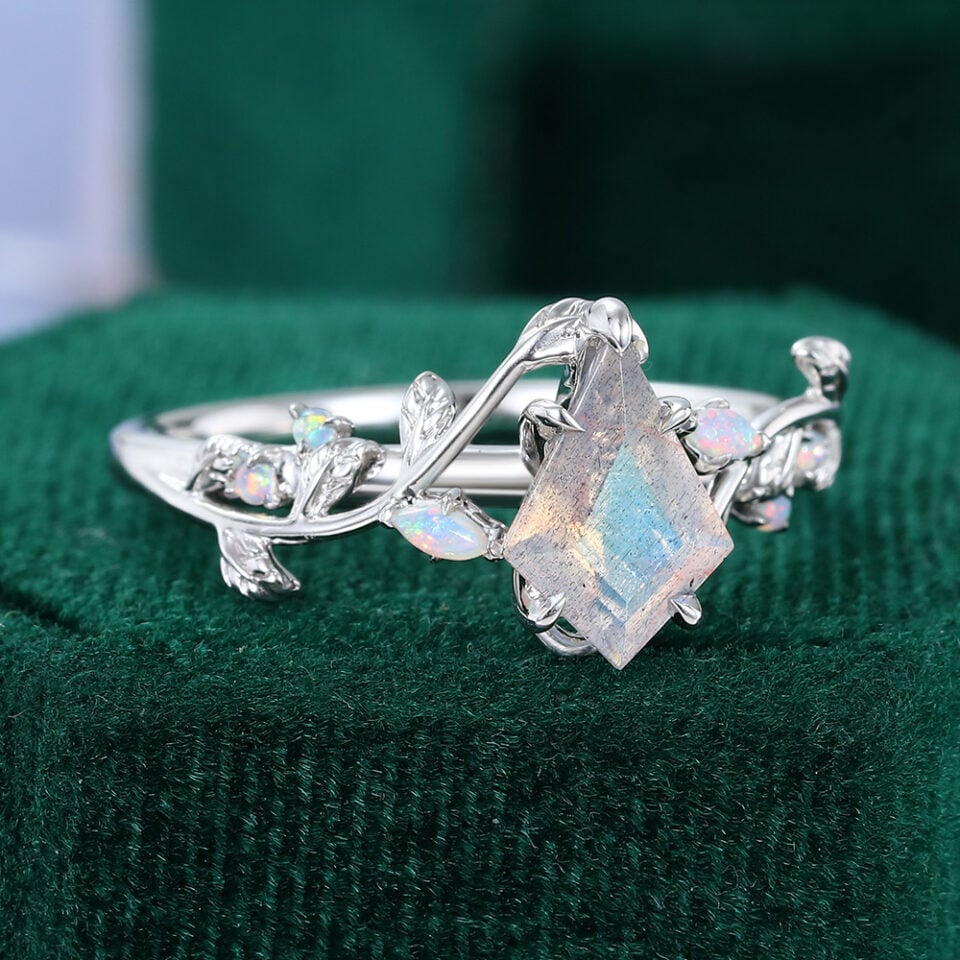 LeafLace Kite Cut Labradorite & Opal Nature Inspired Engagement Ring (2)