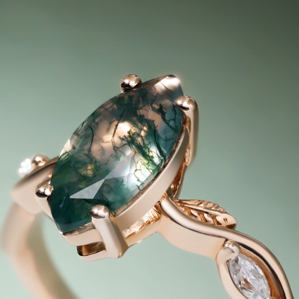 Leafwave Marquise Cut Moss Agate Nature Inspired Engagement Ring (2)
