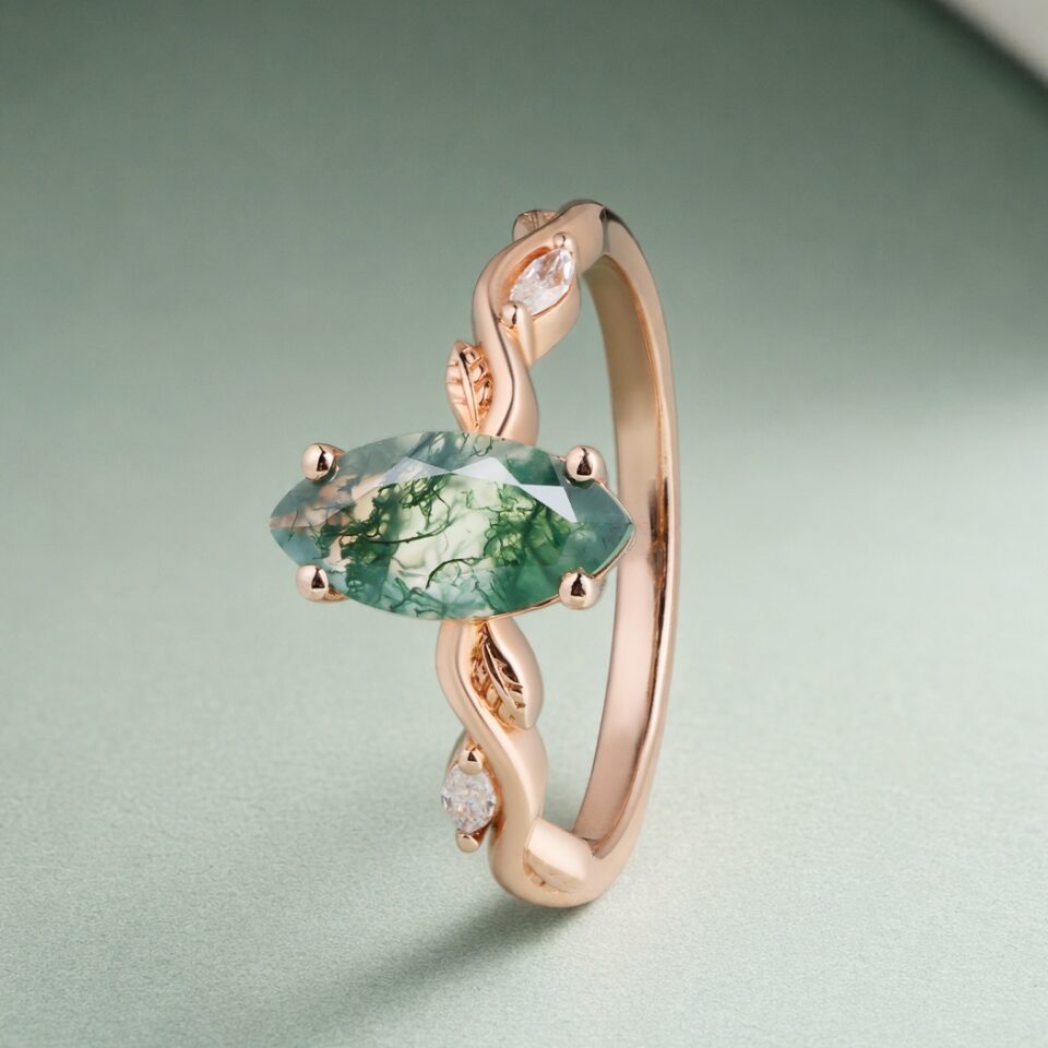 Leafwave Marquise Cut Moss Agate Nature Inspired Engagement Ring (3)