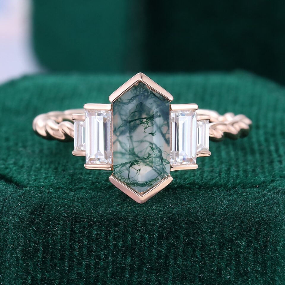 Long Hexagon Cut Moss Agate Egagement Ring Art Deco Promise Ring(1)