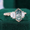 Long Hexagon Cut Moss Agate Egagement Ring Art Deco Promise Ring(2)