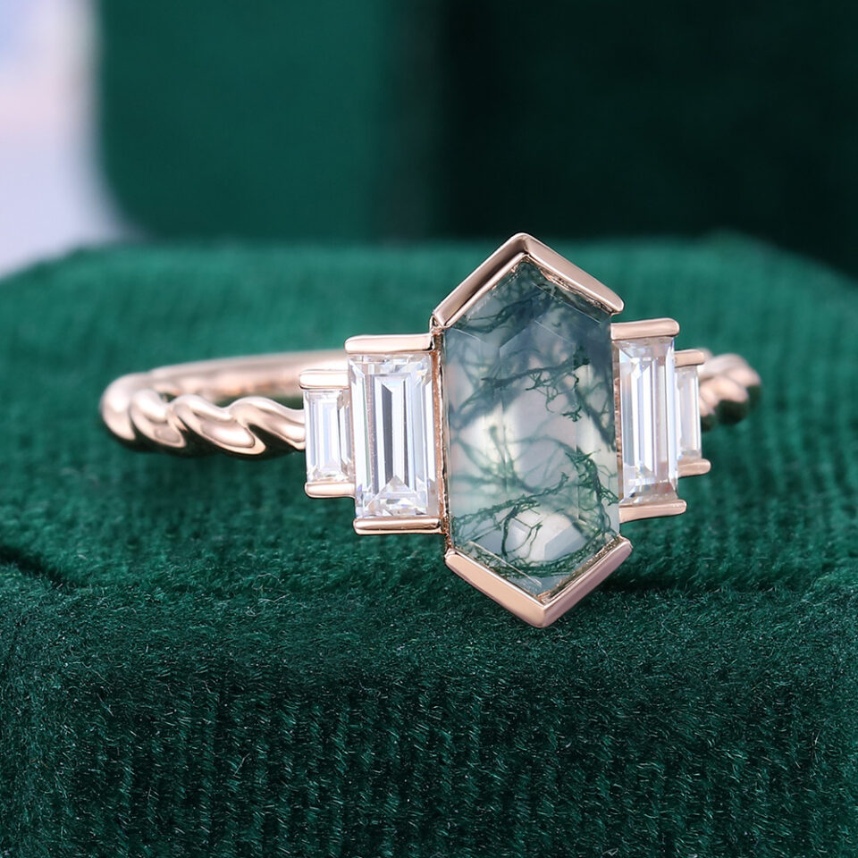 Long Hexagon Cut Moss Agate Egagement Ring Art Deco Promise Ring(2)