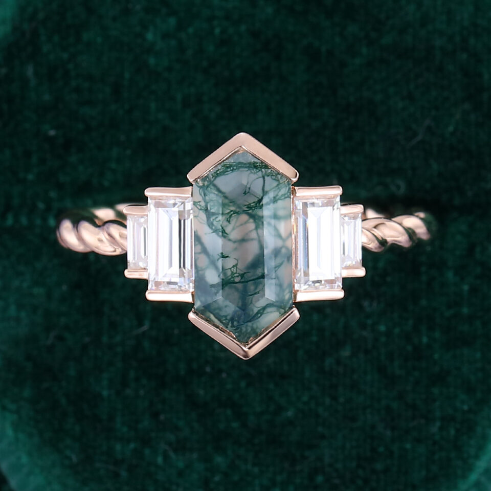 Long Hexagon Cut Moss Agate Egagement Ring Art Deco Promise Ring(3)