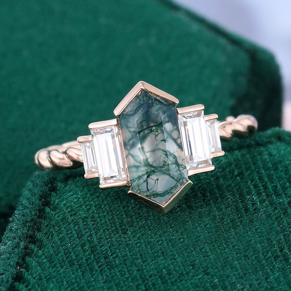 Long Hexagon Cut Moss Agate Egagement Ring Art Deco Promise Ring(4)
