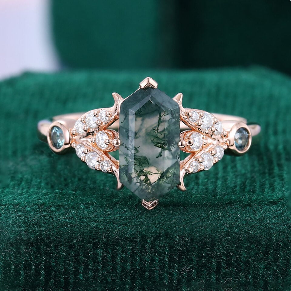 Long Hexagon Moss Agate Tulips Engagement Ring With Green Blue Sapphire Accents