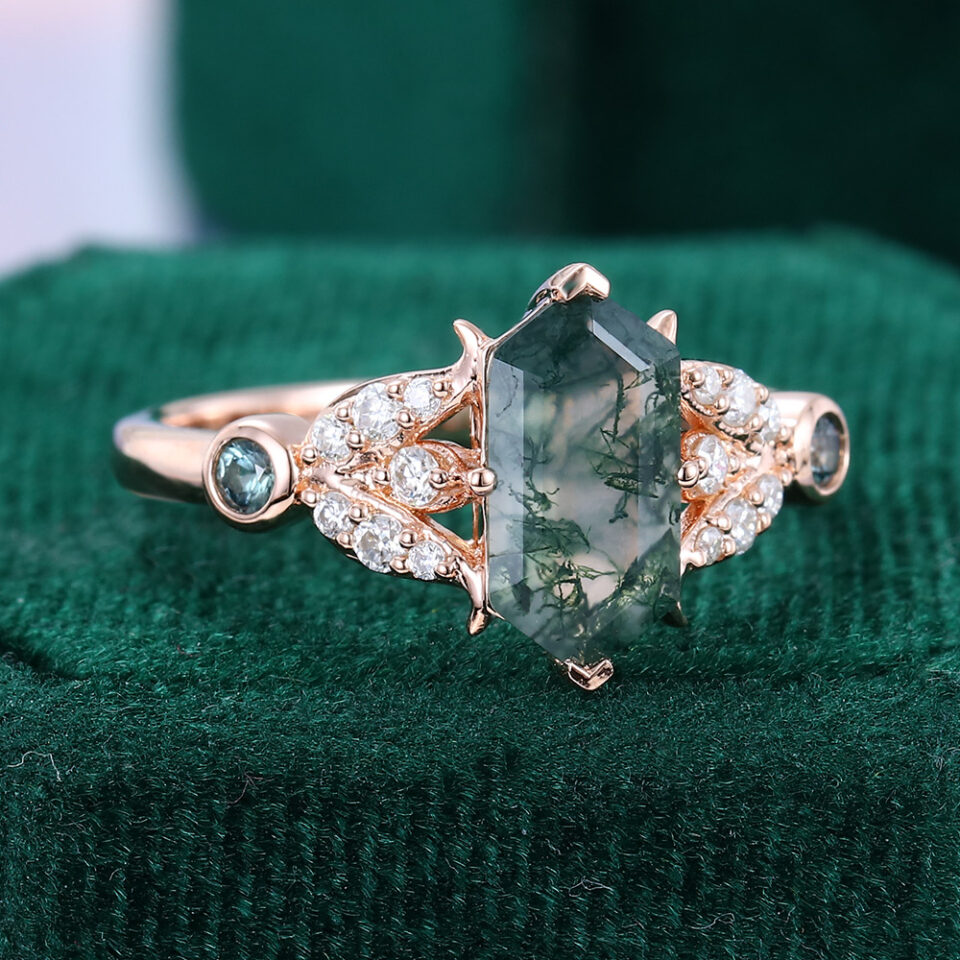 Long Hexagon Moss Agate Tulips Engagement Ring Lab Sapphire Accented (4)
