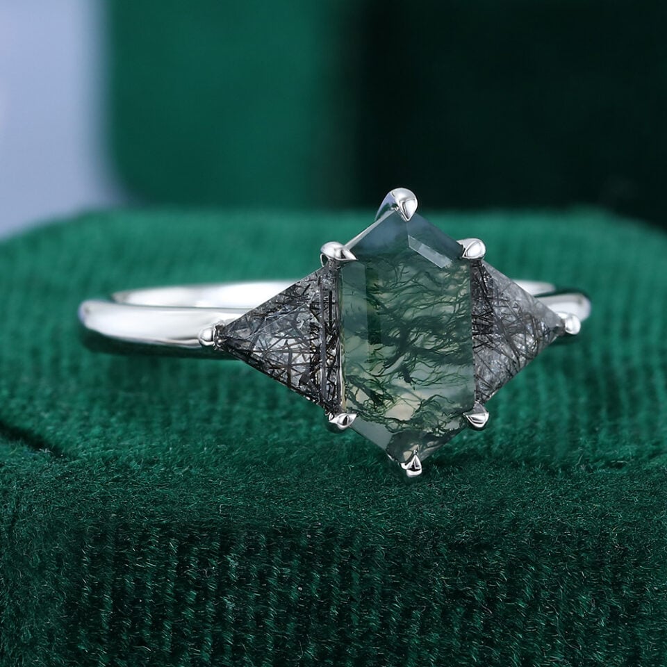 Long Hexagonal Moss Agate & Triangular Black Rutilated Quartz Three Stone Promise Ring (3)