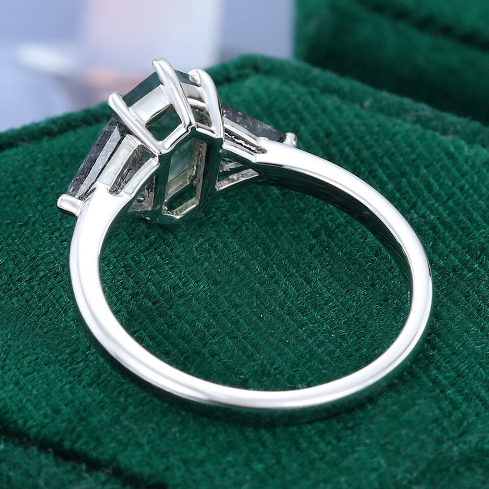Long Hexagonal Moss Agate & Triangular Black Rutilated Quartz Three Stone Promise Ring (5)