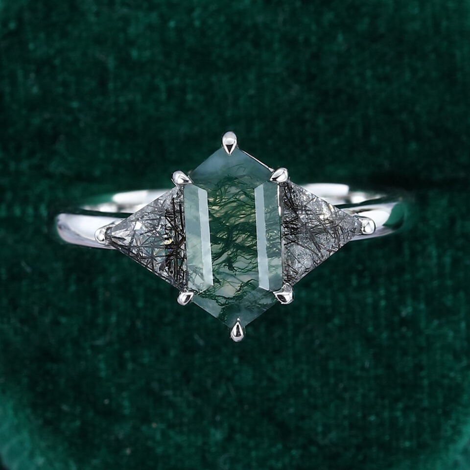Long Hexagonal Moss Agate & Triangular Black Rutilated Quartz Three Stone Promise Ring (6)