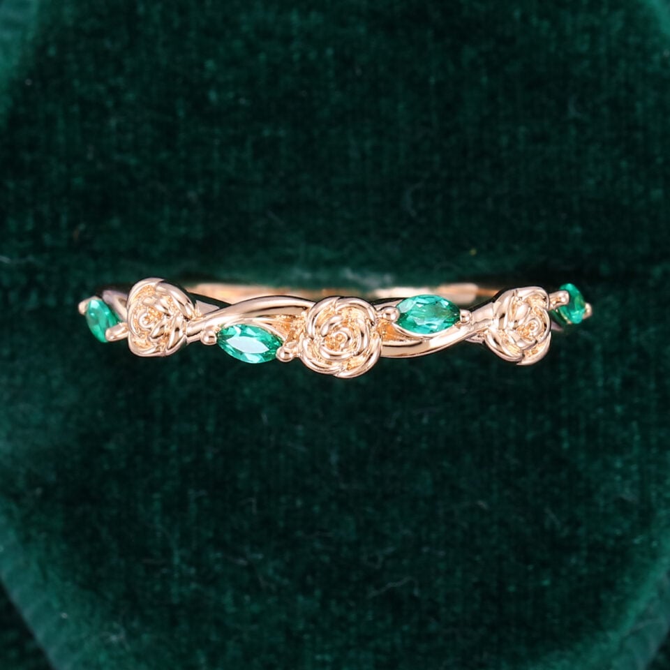Marquise Cut Lab Emerald Vine Wedding Ring Floral-inspired Stacking Band (11)