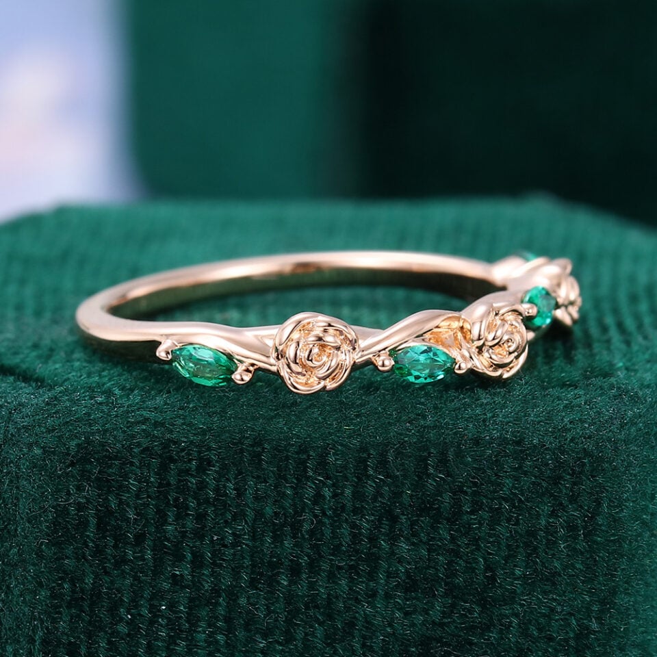 Marquise Cut Lab Emerald Vine Wedding Ring Floral-inspired Stacking Band (8)