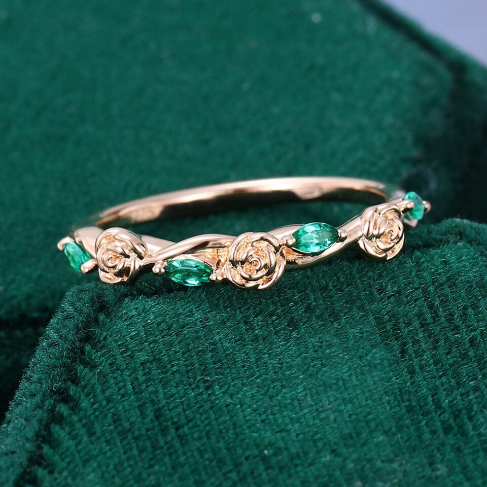 Marquise Cut Lab Emerald Vine Wedding Ring Floral-inspired Stacking Band (9)