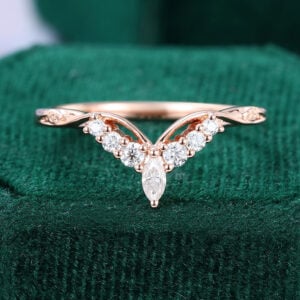 Marquise Cut Moissanite Pointed Curved Wedding Band with Leaf Accent