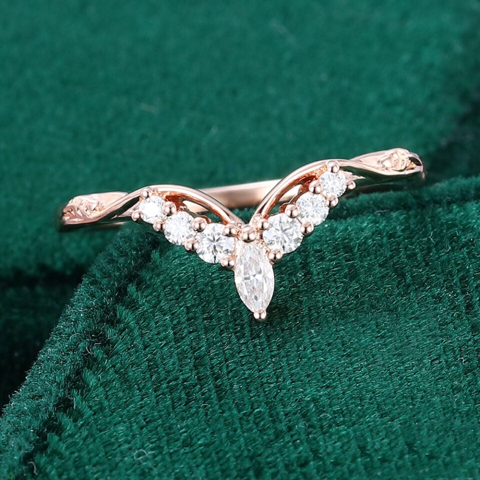 Marquise Cut Moissanite Curved Wedding Band Crown Matching Ring(4)