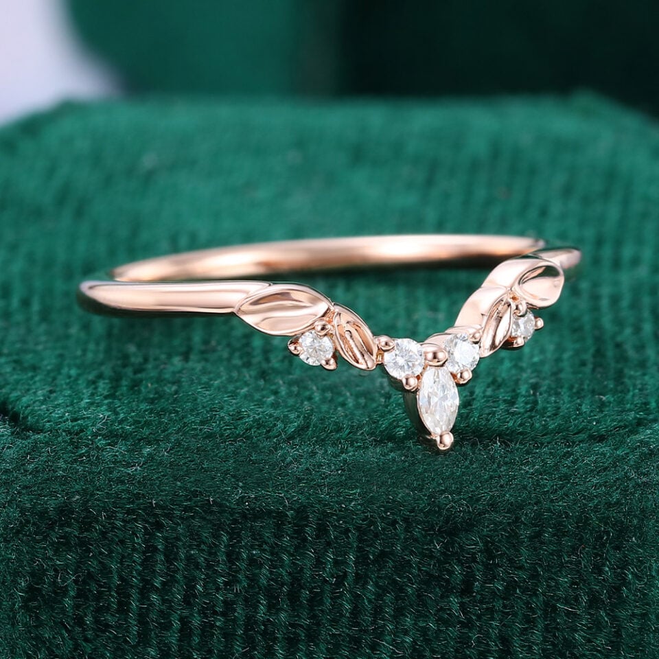 Marquise Cut Moissanite Curved Wedding Band Leaf Accented Stacking Ring (2)