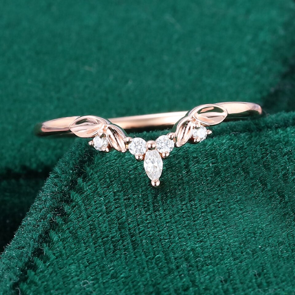 Marquise Cut Moissanite Curved Wedding Band Leaf Accented Stacking Ring (3)