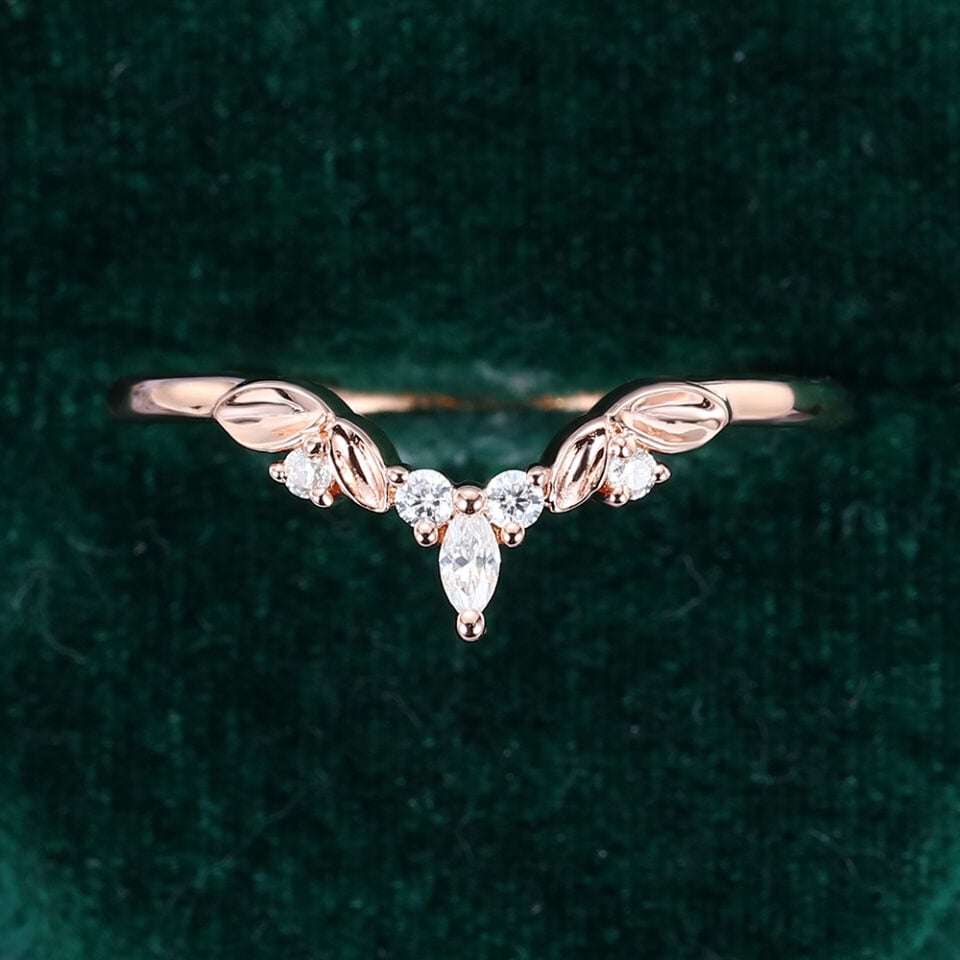 Marquise Cut Moissanite Curved Wedding Band Leaf Accented Stacking Ring (5)