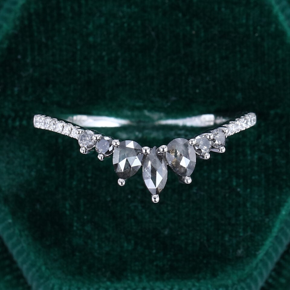 Marquise Salt & Pepper Diamond Curved Wedding Band Pavé Matching Ring (1)