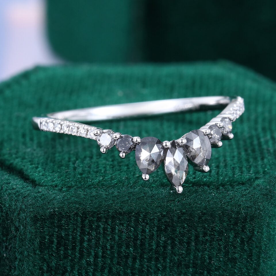 Marquise Salt & Pepper Diamond Curved Wedding Band Pavé Matching Ring (4)