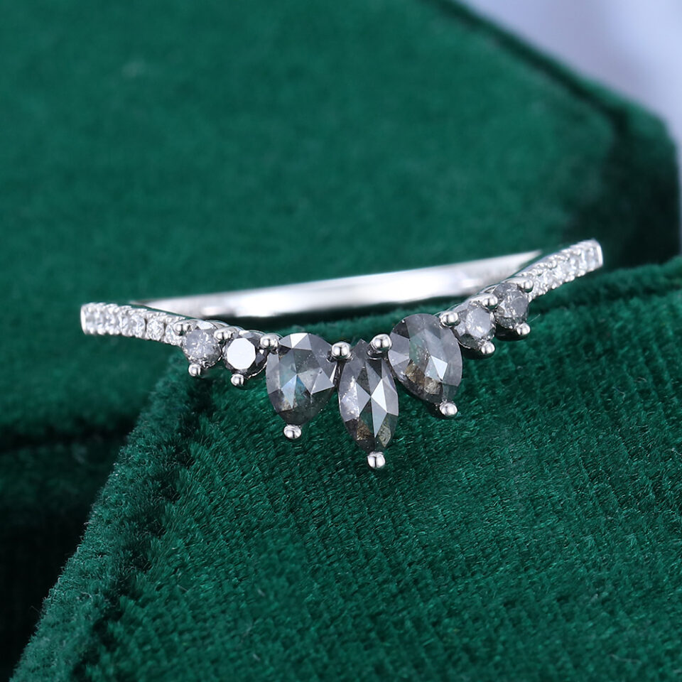 Marquise Salt & Pepper Diamond Curved Wedding Band Pavé Matching Ring (5)