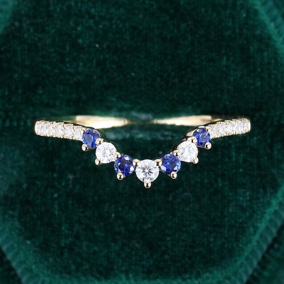Moissanite & Sapphire Curved Wedding Band Yellow Gold Stacking Ring (1)