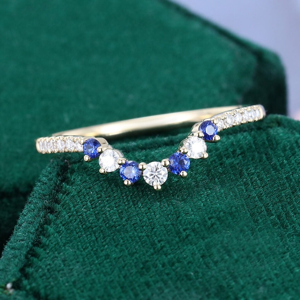Moissanite & Sapphire Curved Wedding Band Yellow Gold Stacking Ring (2)
