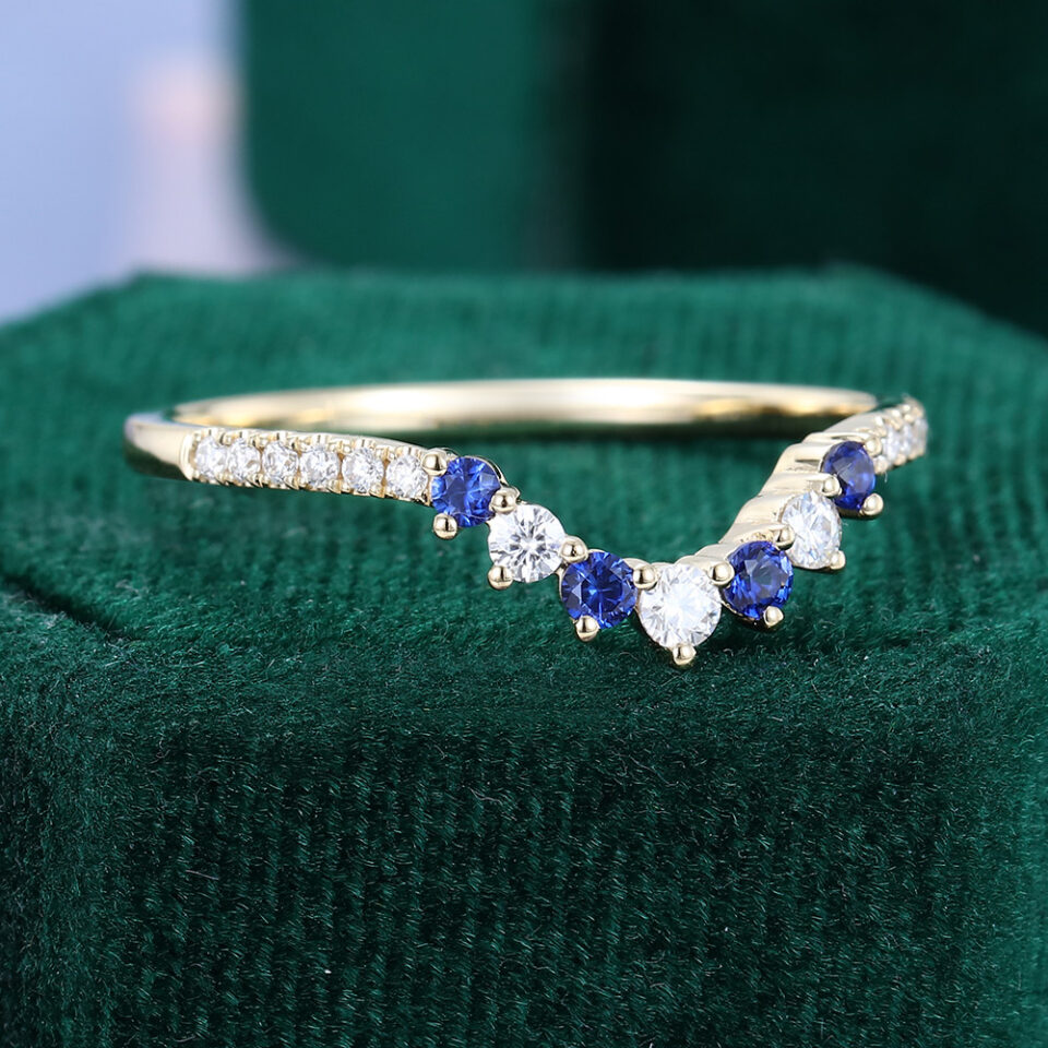Moissanite & Sapphire Curved Wedding Band Yellow Gold Stacking Ring (4)