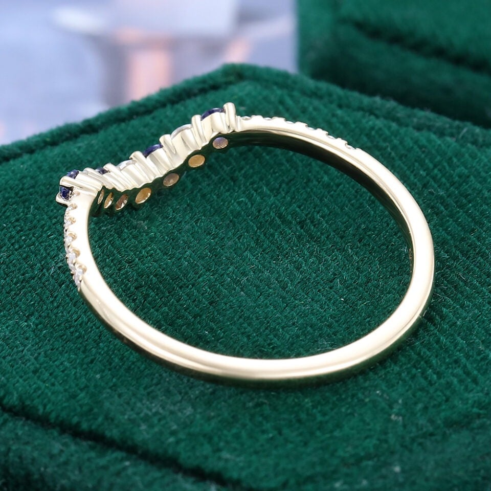 Moissanite & Sapphire Curved Wedding Band Yellow Gold Stacking Ring (5)