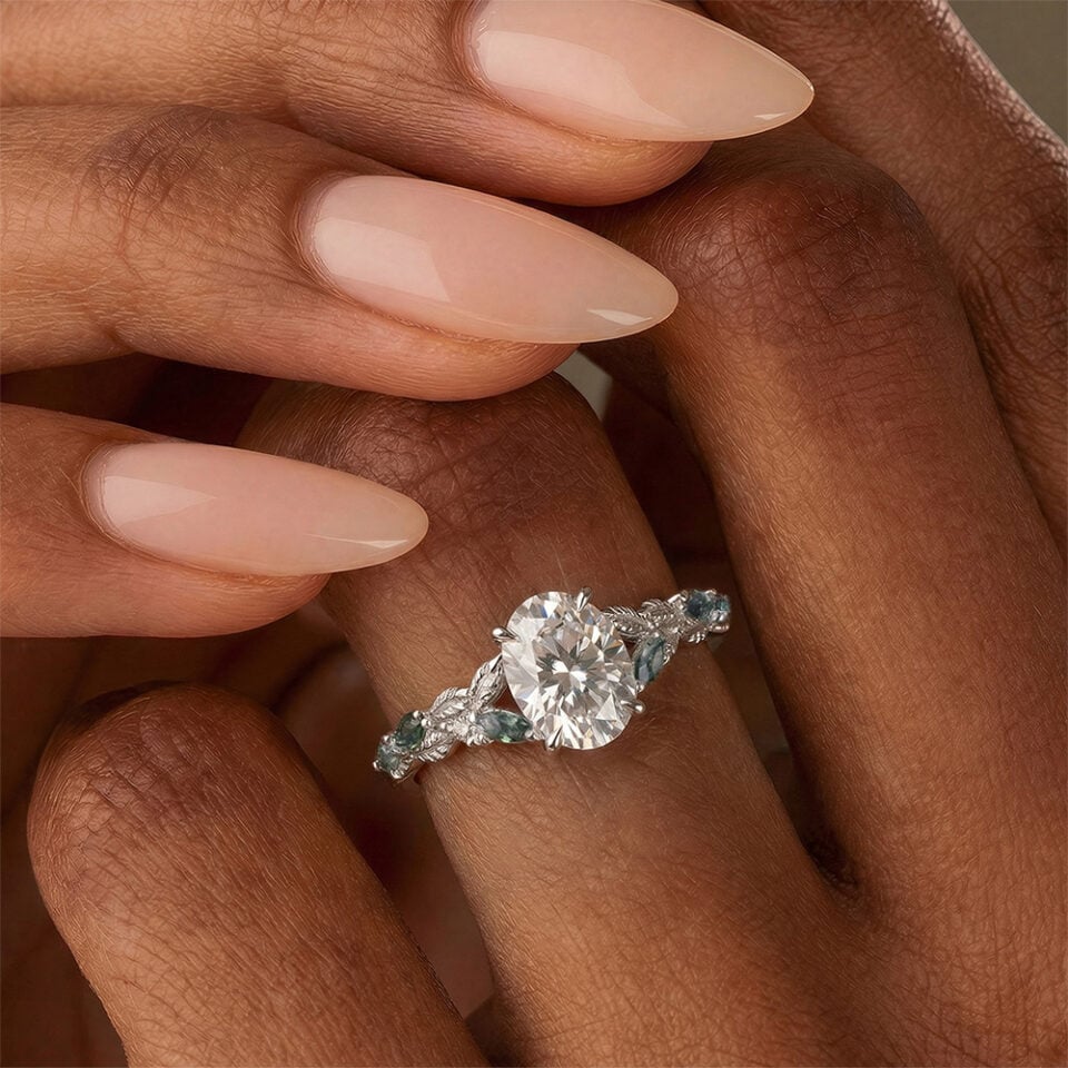 Oval Cut Moissanite Leaf Engagement Ring With Split Shank (4)